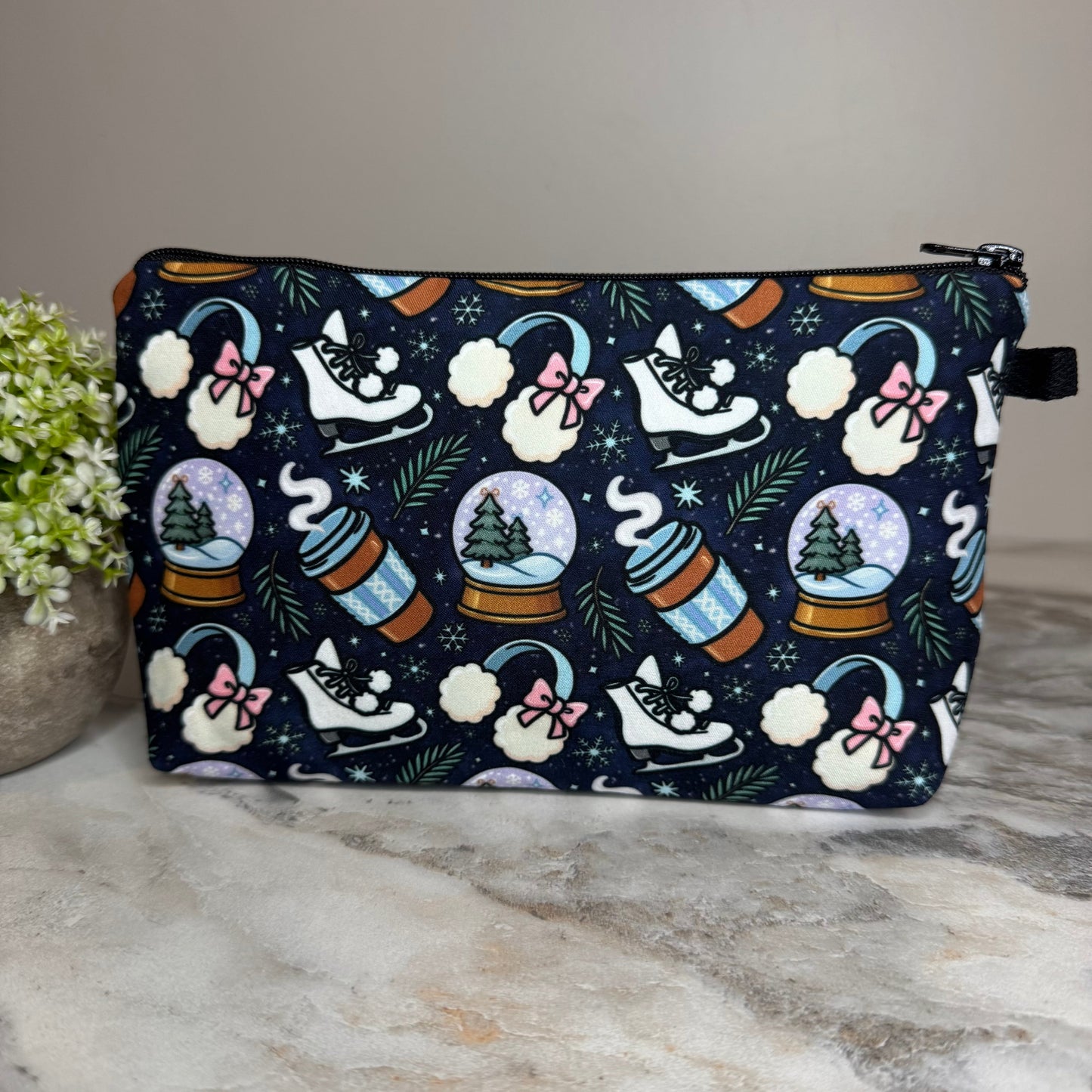 Pouch - Christmas Holiday - Navy Blue Snow Globe Ice Skate