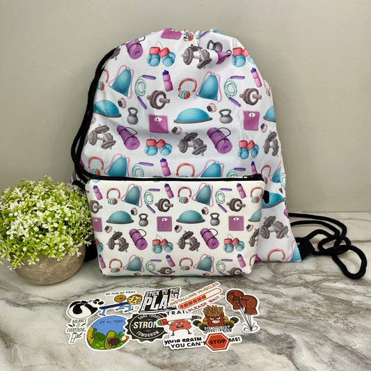 Drawstring, Pouch, & Sticker Pack Bundled Set - Gym Exercise Equipment