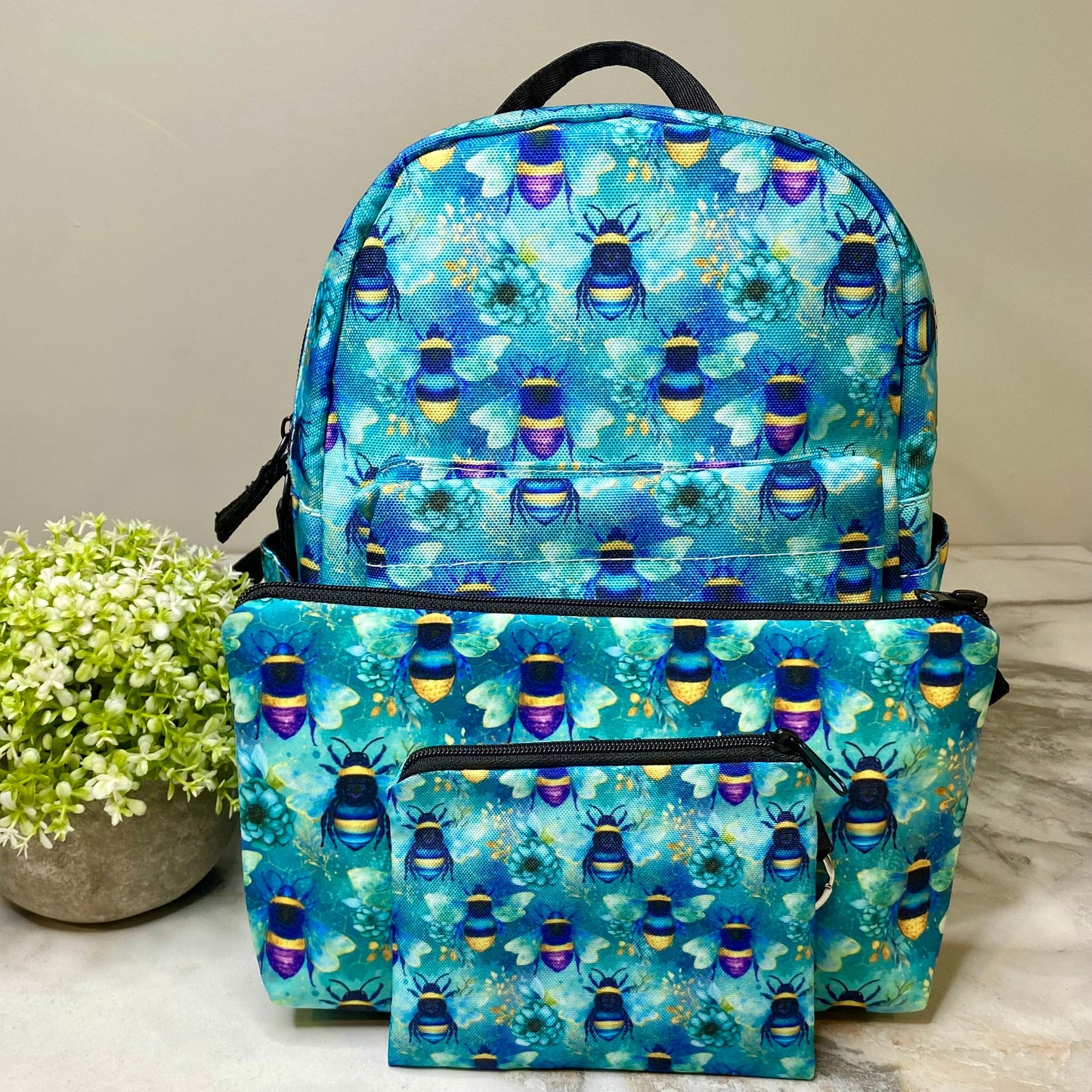 Mini Backpack, Pouch, & Mini Pouch Bundled Set - Teal Floral Bee
